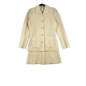 VTG SUZUYA Dress Jacket Set Womens Medium Cream Textured Knit Button Front Suit